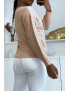 Pull col V rose pastel à motif dentelle blanche - 3