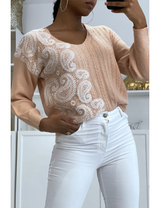 Pull col V rose pastel à motif dentelle blanche - 4