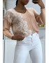 Pull col V rose pastel à motif dentelle blanche - 4