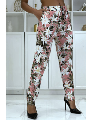 Pantalon fluide rose à motif floral B-10 - 1