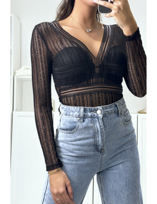 Body noir col V en dentelle avec ouverture au dos - 1