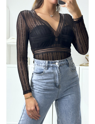 Body noir col V en dentelle avec ouverture au dos - 3