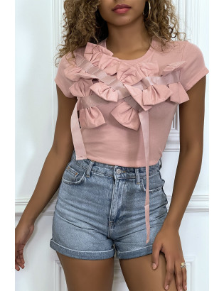 T-shirt rose manches courtes, avec des noeuds - 3