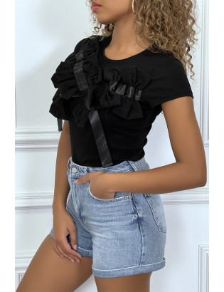 T-shirt noir manches courtes, avec des noeuds - 2