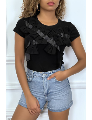T-shirt noir manches courtes, avec des noeuds - 4