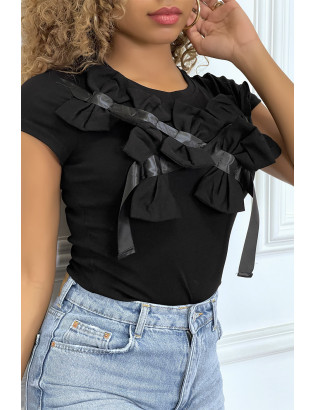 T-shirt noir manches courtes, avec des noeuds - 7