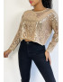 Pull court rose poudrée  pailleté en maille fluide et tendance col rond - 1