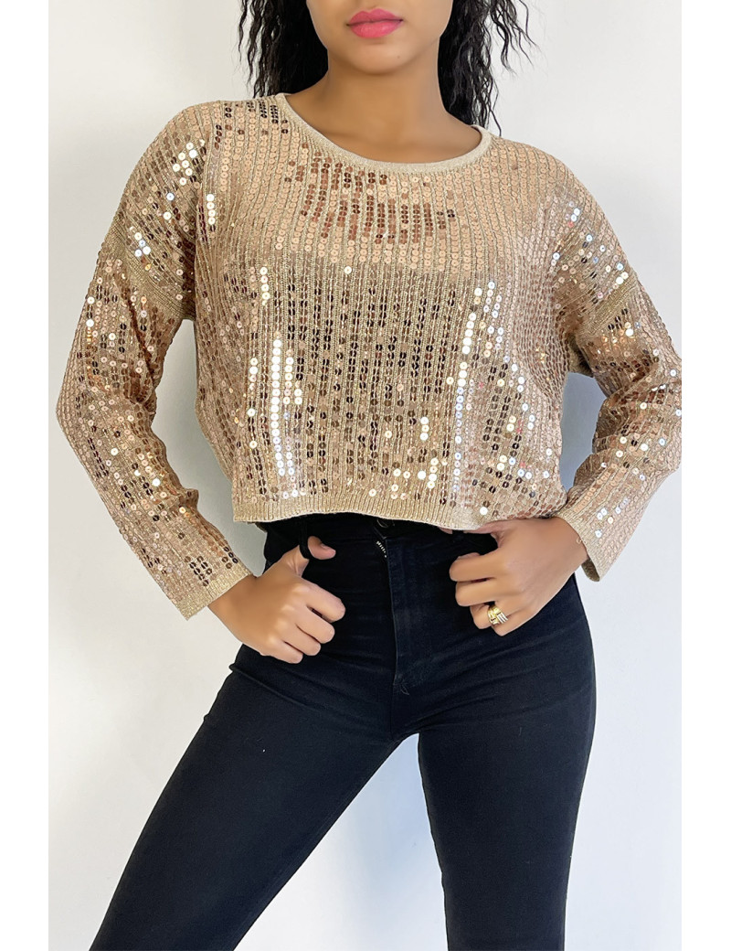 Pull court rose poudrée  pailleté en maille fluide et tendance col rond - 2