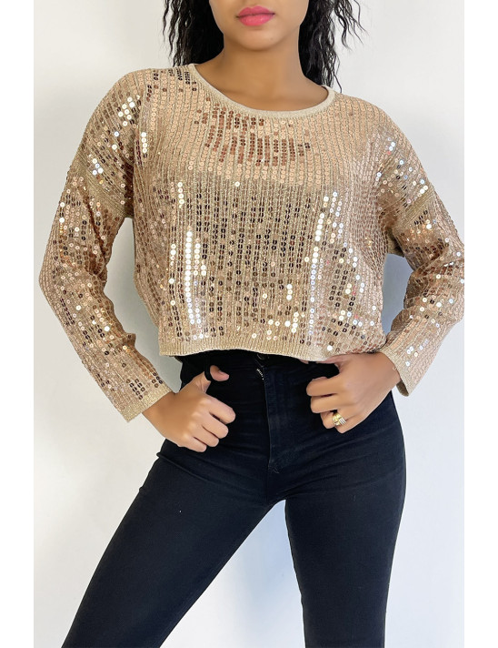 Pull court rose poudrée  pailleté en maille fluide et tendance col rond - 2