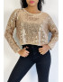 Pull court rose poudrée  pailleté en maille fluide et tendance col rond - 2