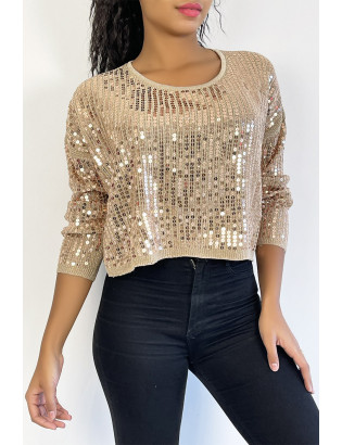 Pull court rose poudrée  pailleté en maille fluide et tendance col rond - 3