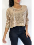 Pull court rose poudrée  pailleté en maille fluide et tendance col rond - 3