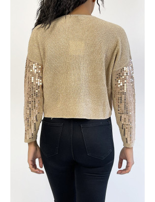 Pull court rose poudrée  pailleté en maille fluide et tendance col rond - 4