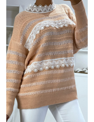 Pull rose à col rond et dentelle femme - 2
