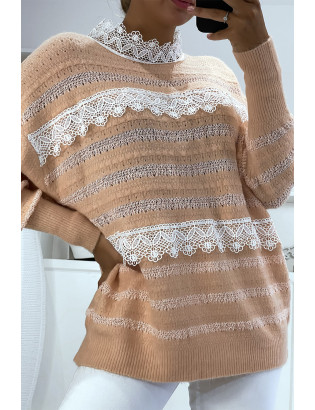 Pull rose à col rond et dentelle femme - 3