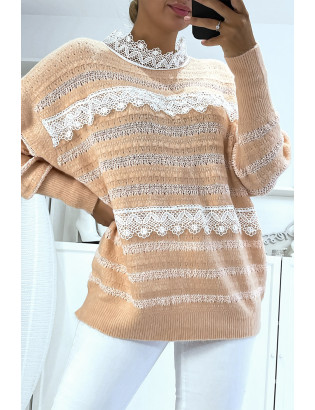 Pull rose à col rond et dentelle femme - 4