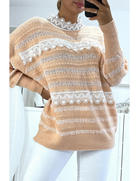Pull rose à col rond et dentelle femme - 4