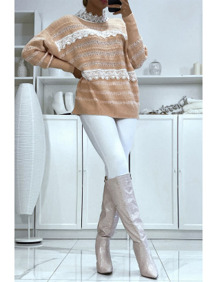 Pull rose à col rond et dentelle femme - 5