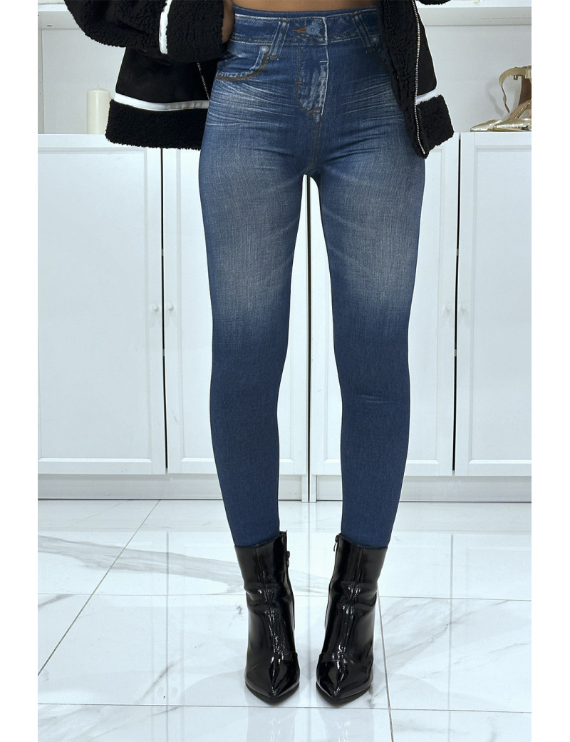 Legging bleu taille haute et molletonné motif jean délavé - 1