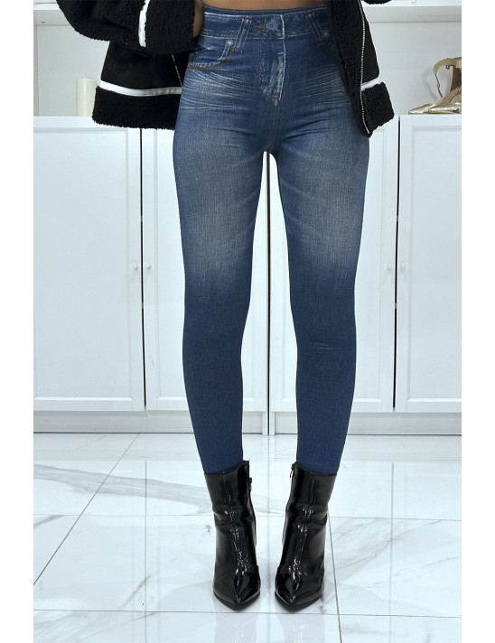 Legging bleu taille haute et molletonné motif jean délavé - 1