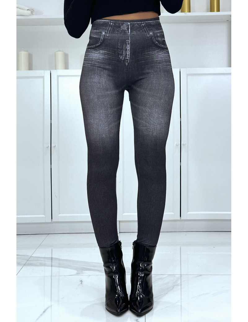 Legging noir taille haute et molletonné motif jean délavé - 1