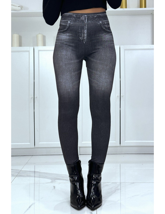 Legging noir taille haute et molletonné motif jean délavé - 1