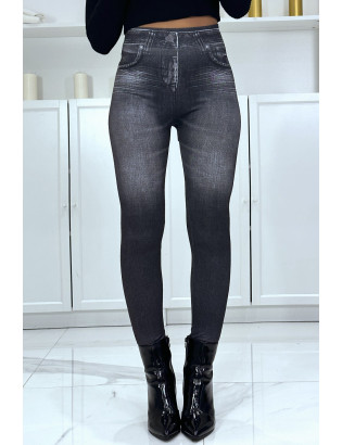 Legging noir taille haute et molletonné motif jean délavé - 3