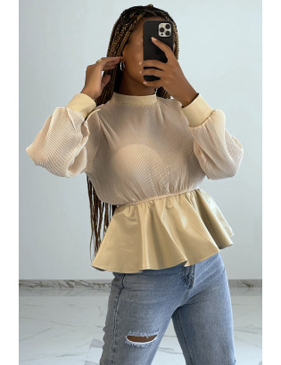 Blouse bi-matière beige en tulle plissée et simiili cuir effet bouffant - 1