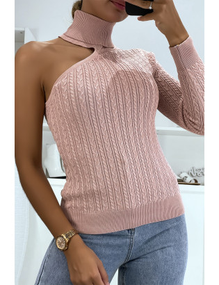 Pull rose à maille torsadée col roulé et manche unique - 2