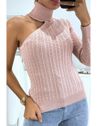 Pull rose à maille torsadée col roulé et manche unique - 4