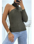 Pull kaki à maille torsadée col roulé et manche unique - 3
