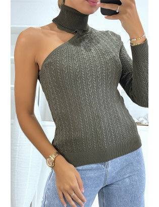 Pull kaki à maille torsadée col roulé et manche unique - 6