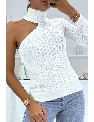 Pull blanc à maille torsadée col roulé et manche unique - 2