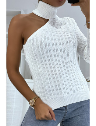 Pull blanc à maille torsadée col roulé et manche unique - 3
