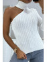 Pull blanc à maille torsadée col roulé et manche unique - 3