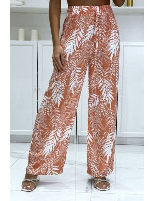 Pantalon palazzo corail en coton motif feuilles - 3