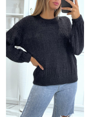 Pull noir à col rond tout doux effet bouffant - 10