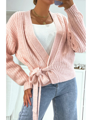 Cache-coeur rose clair bien chaud en grosse maille et à manches bouffantes - 2
