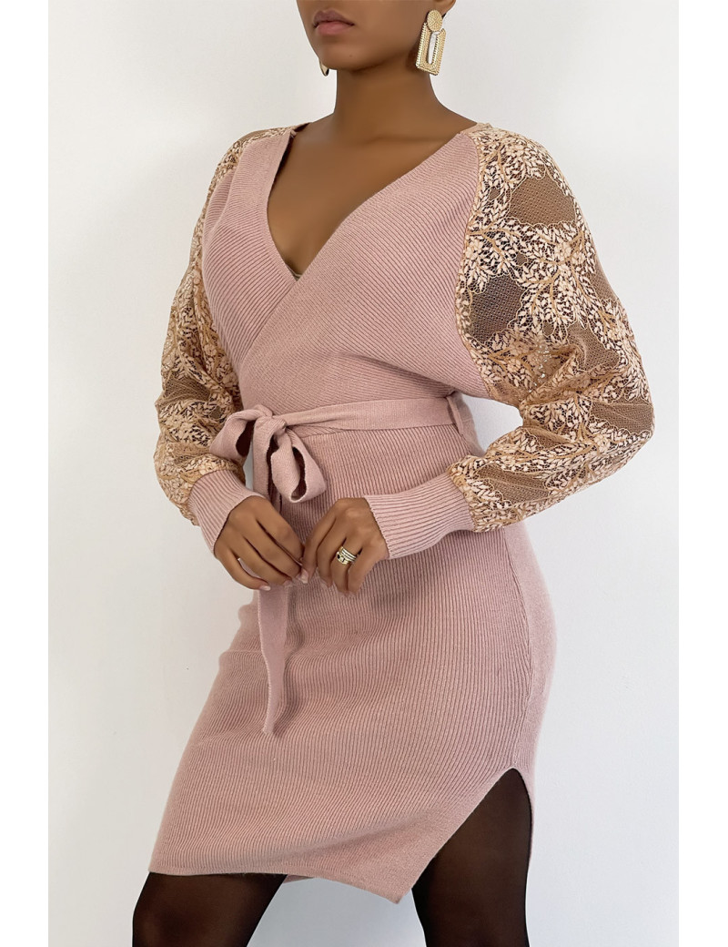 Robe pull cache-coeur rose très élégante à manches en dentelle - 2