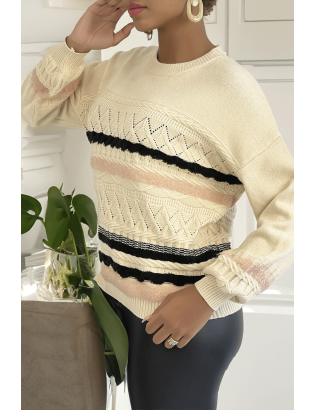 Pull beige à manches bouffantes et motifs rétro - 2