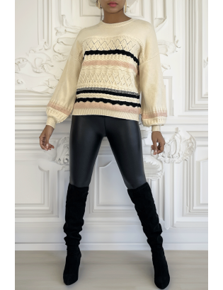 Pull beige à manches bouffantes et motifs rétro - 6