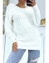 Pull dos-nu blanc à nouer en grosse maille et à manches bouffantes - 4