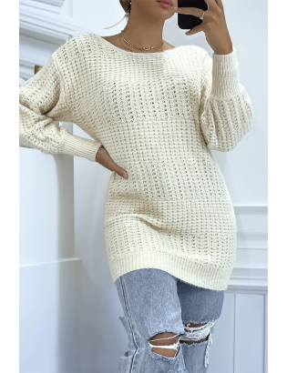 Pull dos-nu beige à nouer en grosse maille et à manches bouffantes - 1