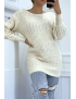 Pull dos-nu beige à nouer en grosse maille et à manches bouffantes - 1