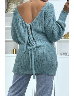 Pull dos-nu bleu à nouer en grosse maille et à manches bouffantes - 1