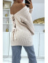 Pull dos-nu rose à nouer en grosse maille et à manches bouffantes - 1