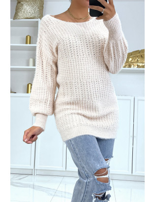 Pull dos-nu rose à nouer en grosse maille et à manches bouffantes - 2
