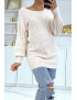 Pull dos-nu rose à nouer en grosse maille et à manches bouffantes - 2
