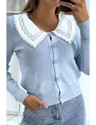 Gilet bleu à col Claudine - 3