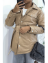 Manteau taupe mi long asymétrique simili cuir avec ceinture à la taille - 1